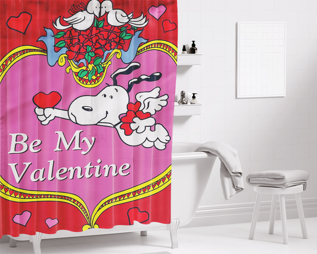 Peanuts Valentines Day Snoopy Bathroom Shower Curtain Fabric Waterproof | 66 X 72 Inch