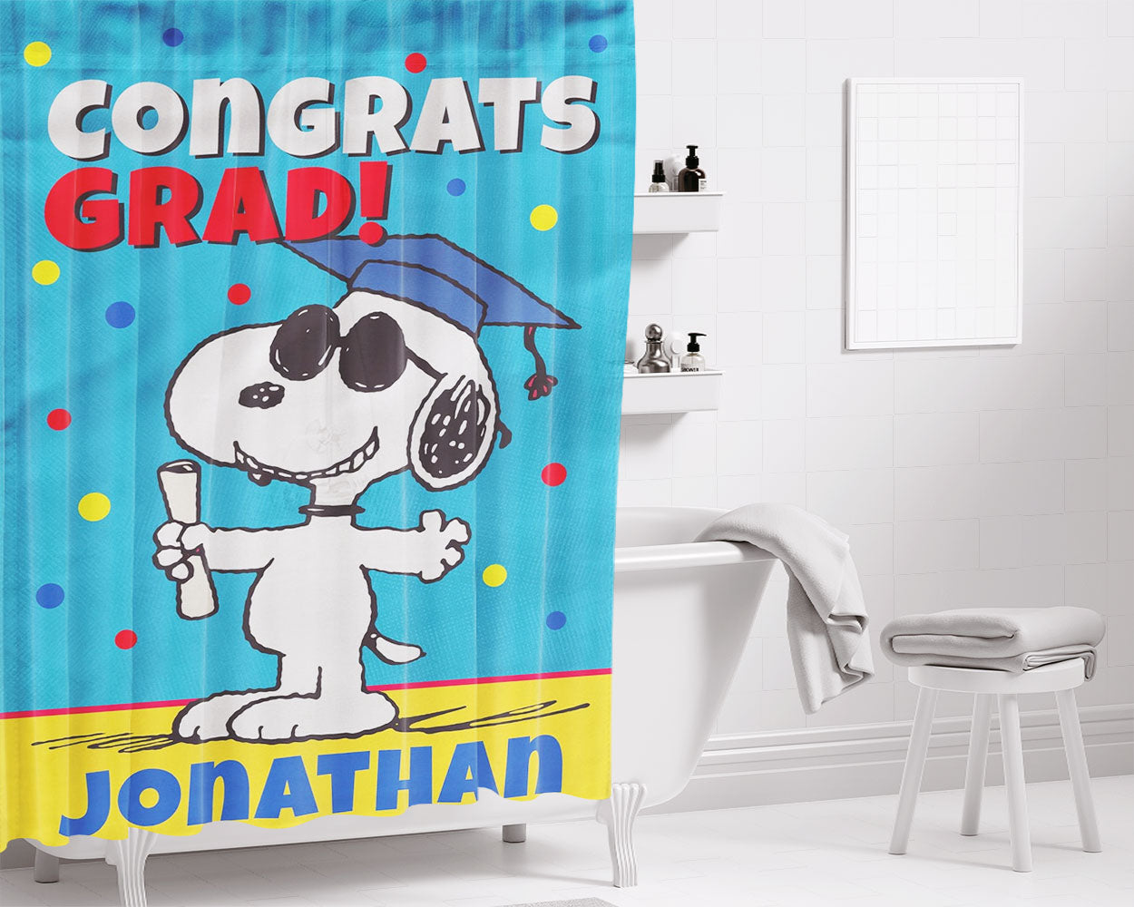 Personalized Snoopy Graduation Bathroom Shower Curtain Fabric Waterproof | 66 X 72 Inch
