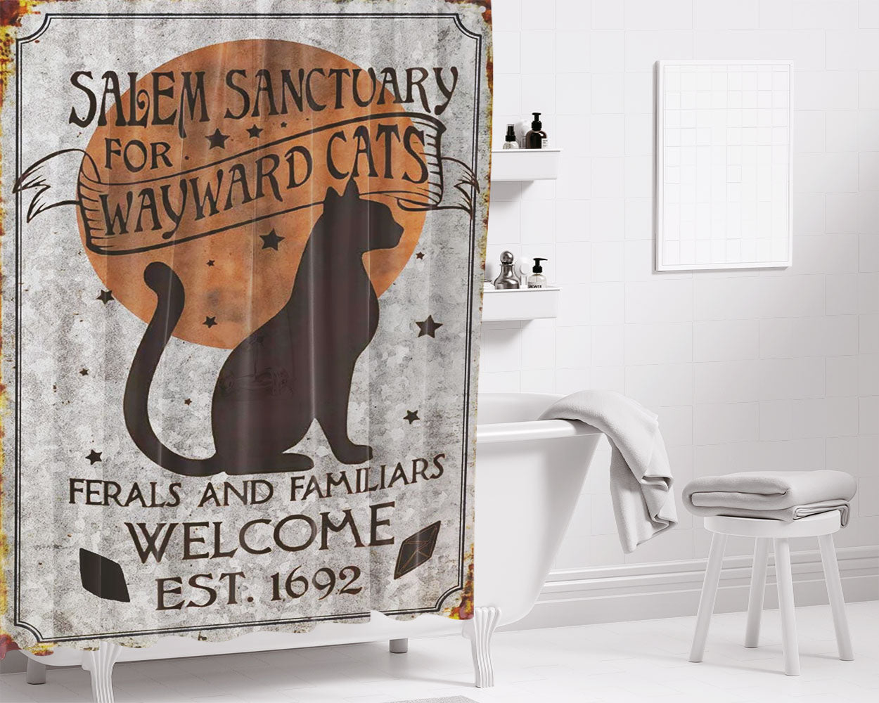 Salem Sanctuary For Wayward Cats Bathroom Shower Curtain Fabric Waterproof | 66 X 72 Inch