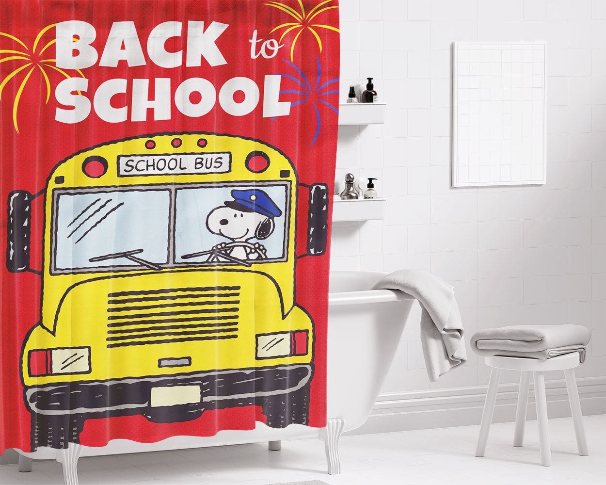 Snoopy Back To School Bathroom Shower Curtain Fabric Waterproof | 66 X 72 Inch