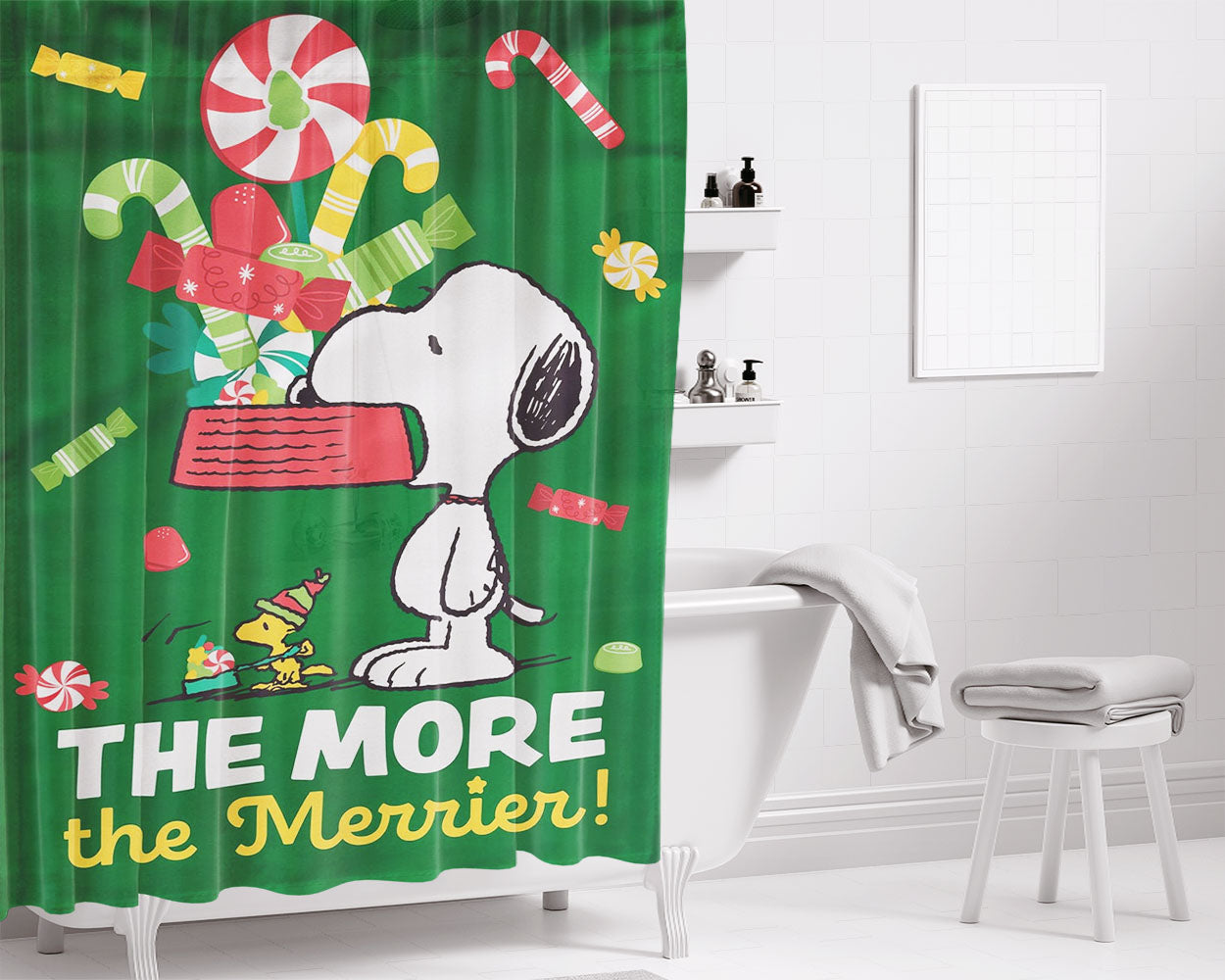 Snoopy Christmas Garden Flag Holiday Bathroom Shower Curtain Fabric Waterproof | 66 X 72 Inch