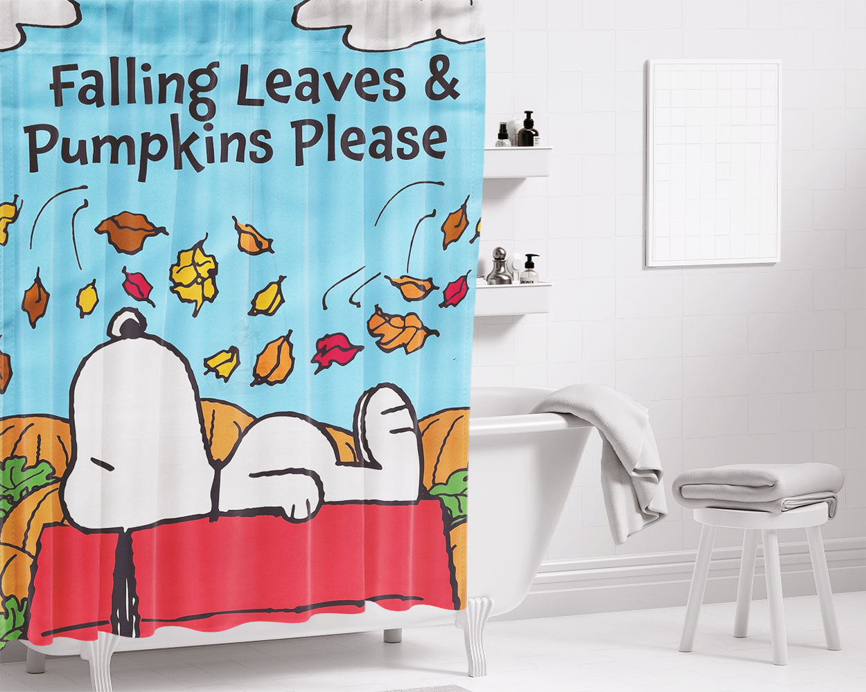 Snoopy Falling Leaves Bathroom Shower Curtain Fabric Waterproof | 66 X 72 Inch