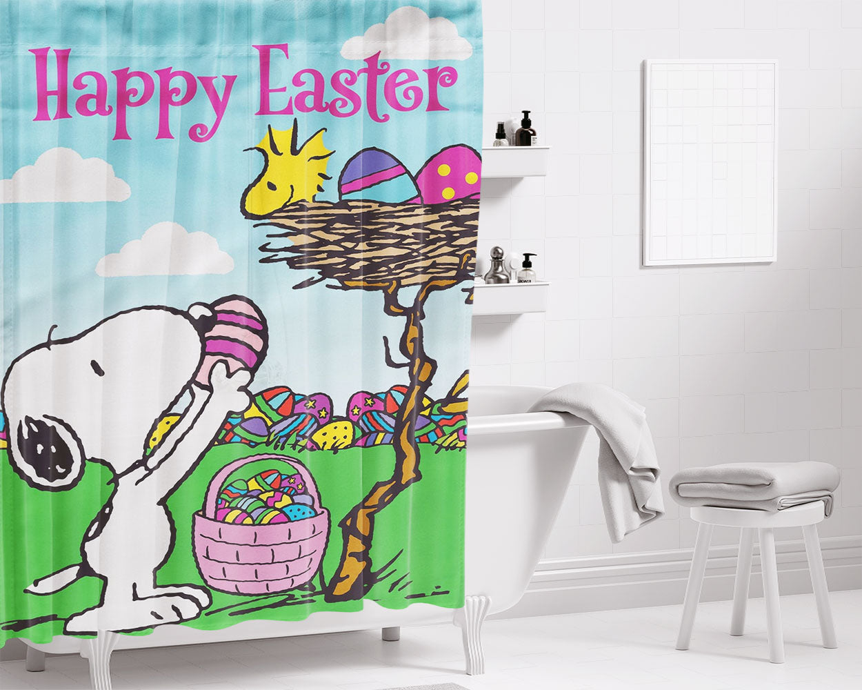 Snoopy Peanuts Easter Bathroom Shower Curtain Fabric Waterproof | 66 X 72 Inch