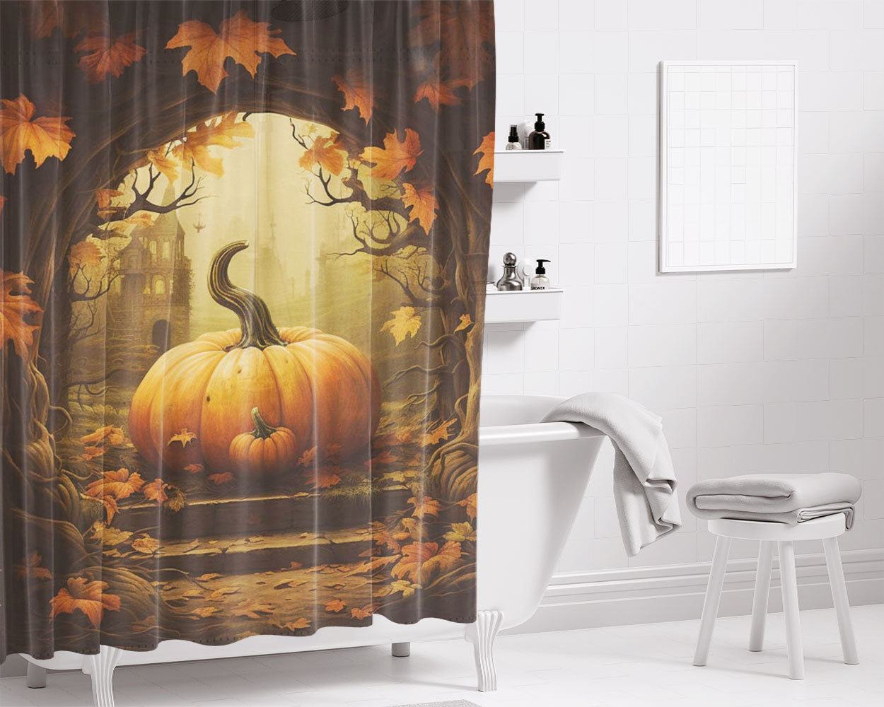 Spooky Whimsical Moody Pumpkin Bathroom Shower Curtain Fabric Waterproof | 66 X 72 Inch