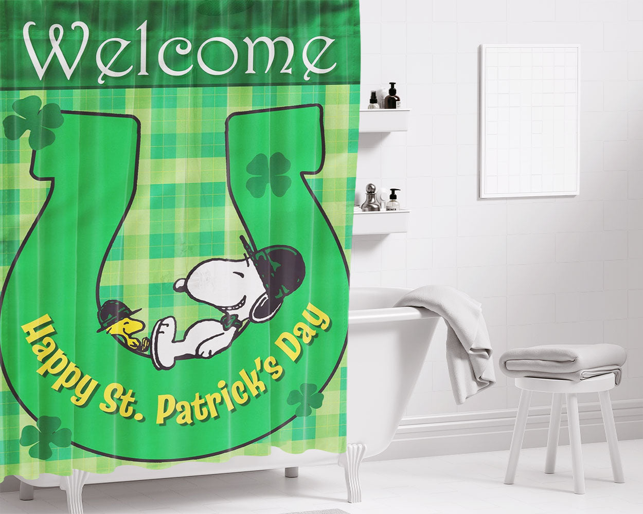 St Patricks Day Snoopy Bathroom Shower Curtain Fabric Waterproof | 66 X 72 Inch