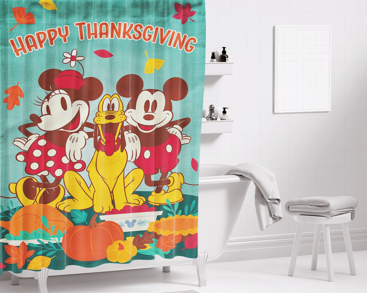 Thankful Mickey Mouse Bathroom Shower Curtain Fabric Waterproof | 66 X 72 Inch