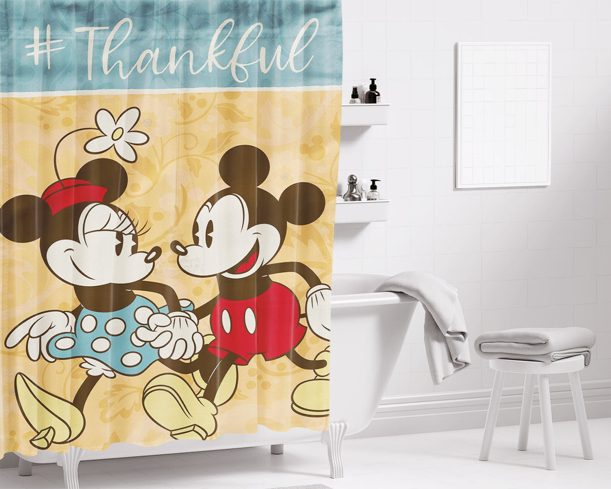Thanksgiving Feast Mickey Mouse And Minnie Mouse Bathroom Shower Curtain Fabric Waterproof | 66 X 72 Inch