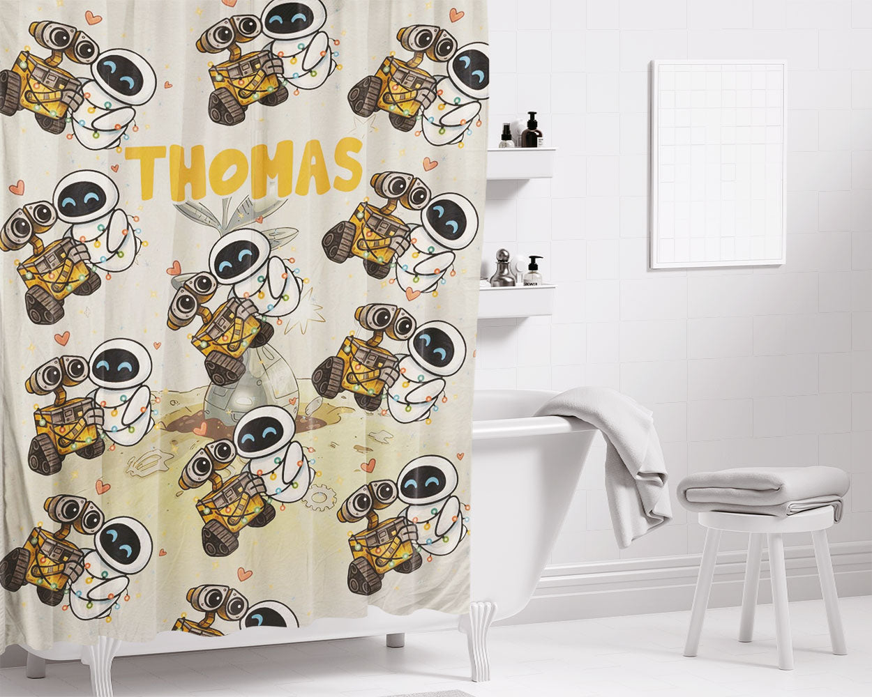 Wall-E And Eve Bathroom Shower Curtain Fabric Waterproof | 66 X 72 Inch