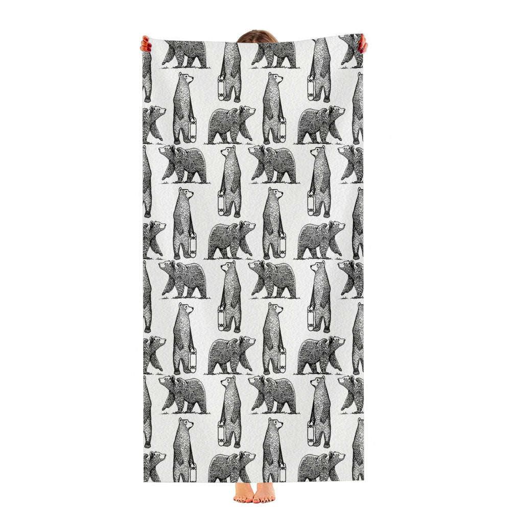 Black And White Skate Bear Illustrations Pattern Ultra-Soft Luxury Bathroom Towels