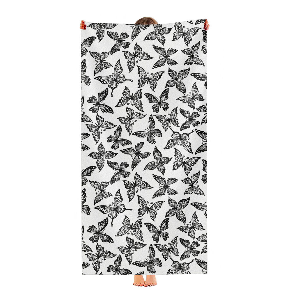 Black White Vintage Flying Butterflies Pattern Ultra-Soft Luxury Bathroom Towels