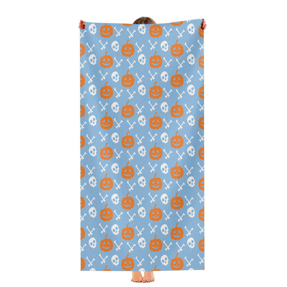 Blue Pattern Pumpkins Bone And Head Skeleton Halloween Ultra-Soft Luxury Bathroom Towels