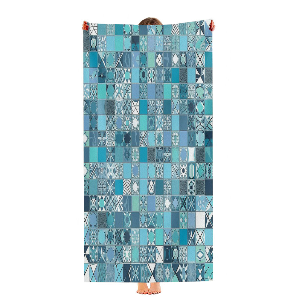 Blue Tile Pattern With The Word Love On It. Ultra-Soft Luxury Bathroom Towels