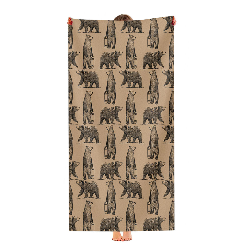 Brown And Black Skate Bear Illustrations Pattern Ultra-Soft Luxury Bathroom Towels