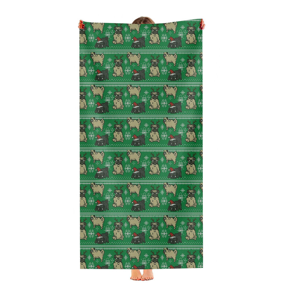 Christmas Pug Green Winter Pattern Ultra-Soft Luxury Bathroom Towels