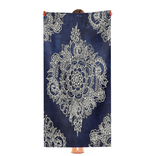 Cream Floral Moroccan Pattern On Deep Indigo Ink Ultra-Soft Luxury Bathroom Towels
