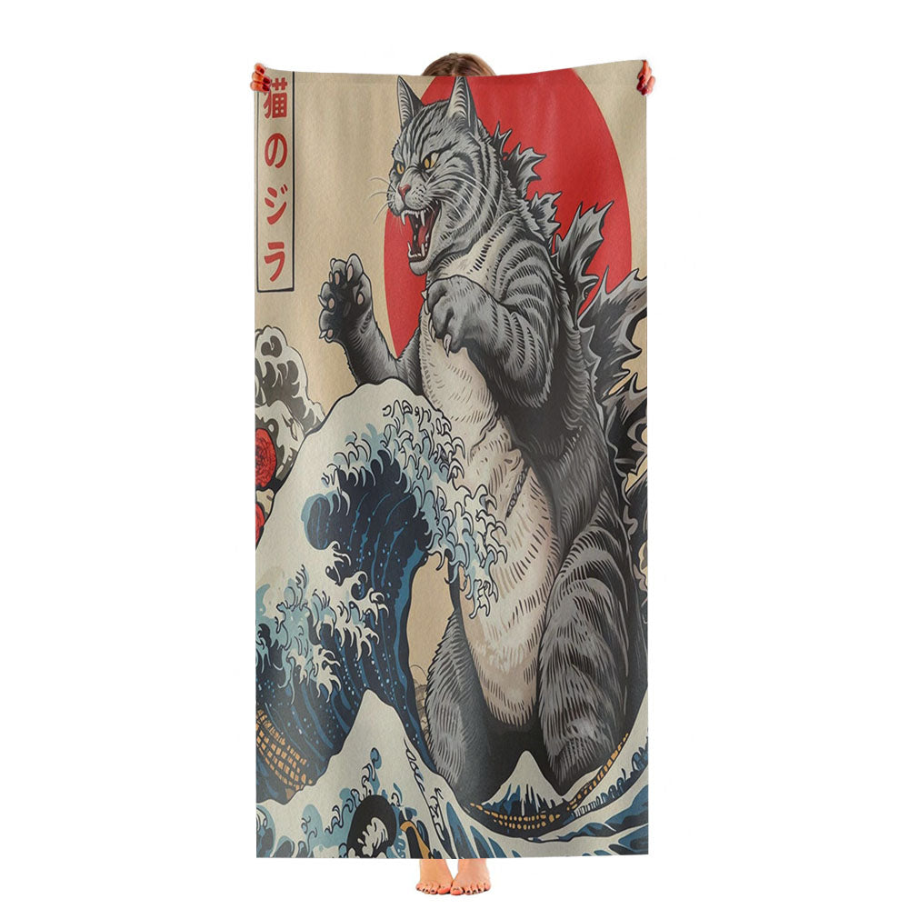 Funny Japanese Catzilla Ultra-Soft Luxury Bathroom Towels