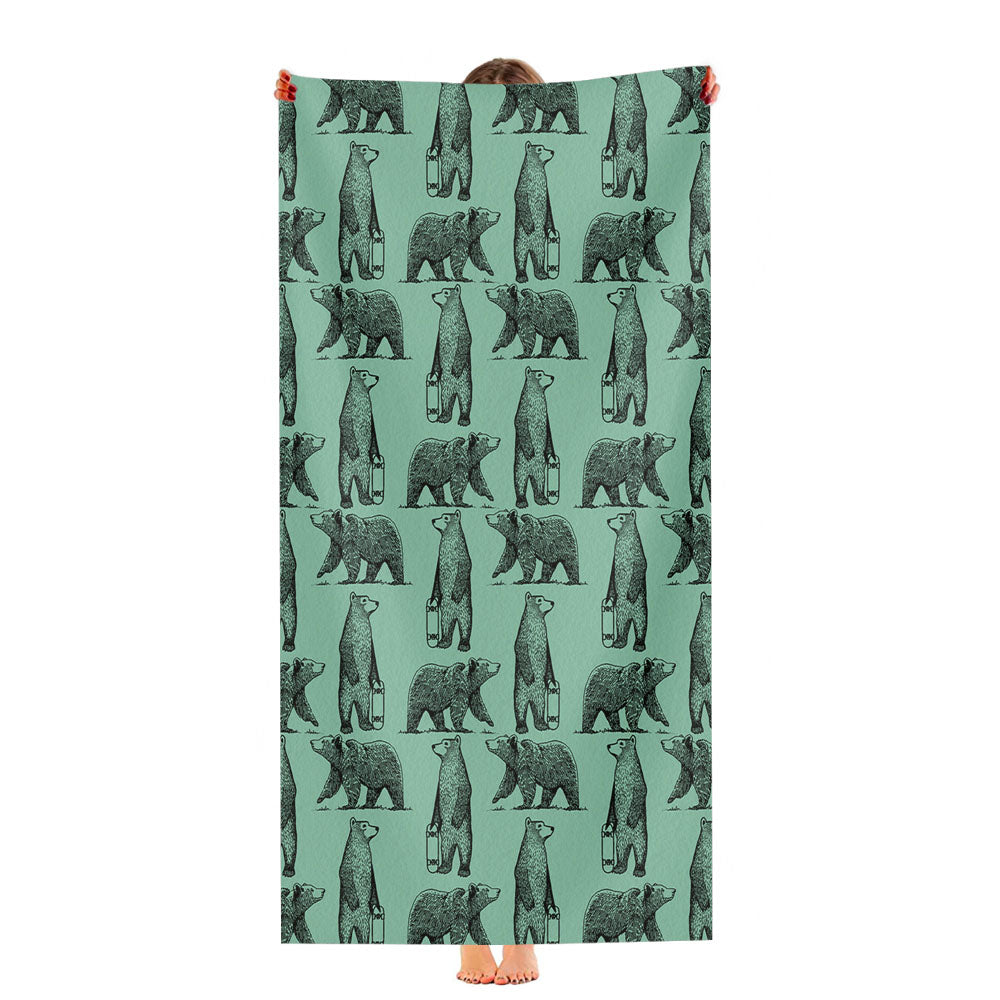 Green Jungle And Black Skate Bear Illustrations Pattern Ultra-Soft Luxury Bathroom Towels