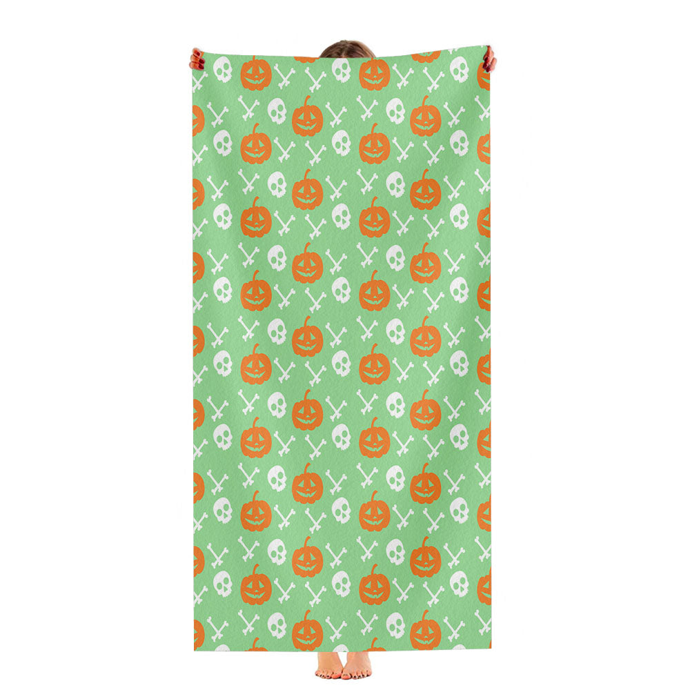 Green Pattern Pumpkins Bone And Head Skeleton Halloween Ultra-Soft Luxury Bathroom Towels