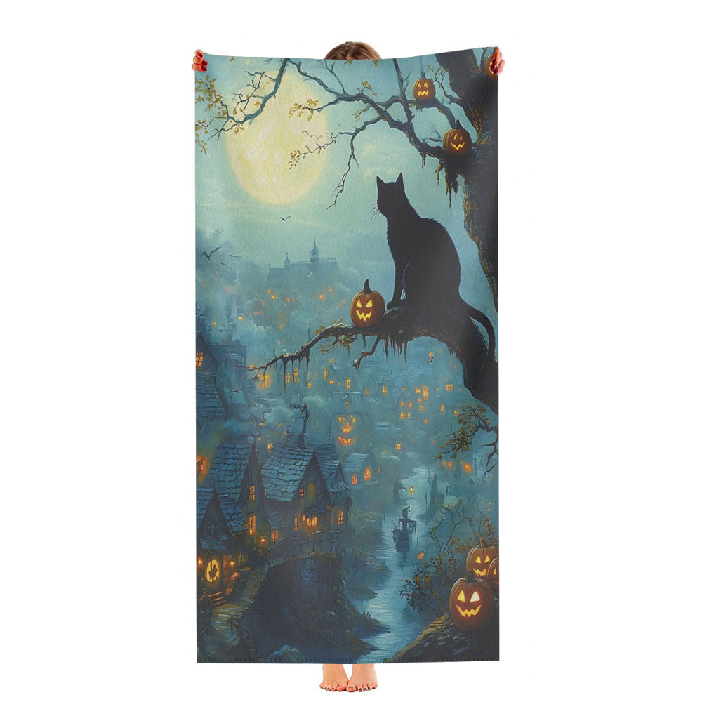 Haunted Village Black Cat Halloween Ultra-Soft Luxury Bathroom Towels