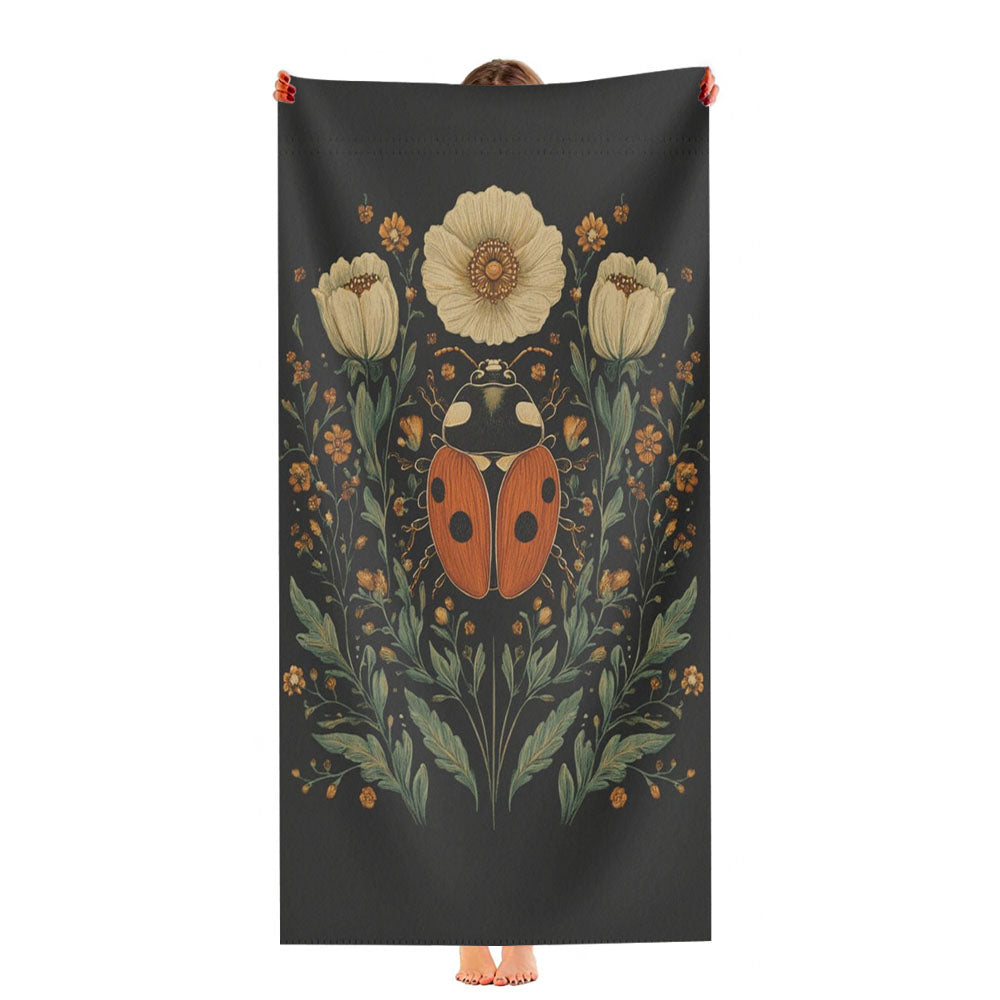Ladybug Dark Botanical Motif Ultra-Soft Luxury Bathroom Towels