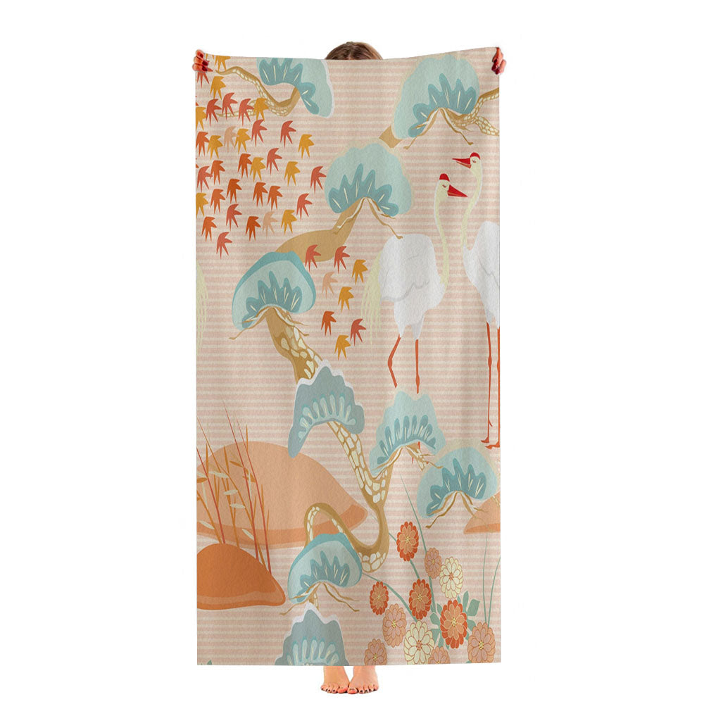 Pink Japanese Crane Art Ultra-Soft Luxury Bathroom Towels