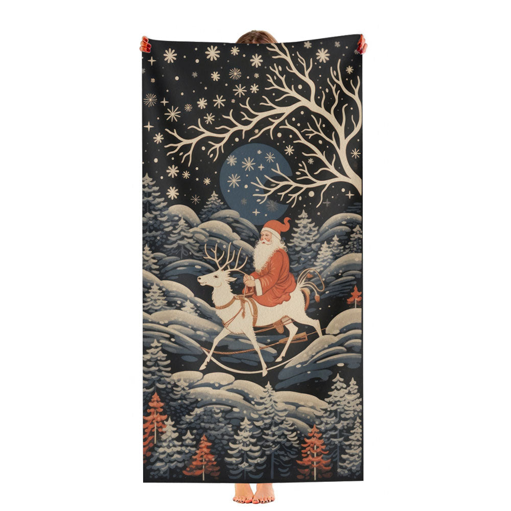 Santa Clause Riding Reindeer At Night Nature Christmas Ultra-Soft Luxury Bathroom Towels