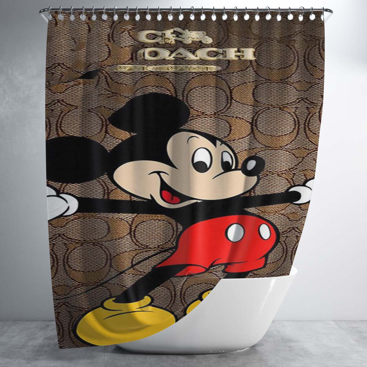 Coach Brown Mickey Mouse 2 Bathroom Shower Curtain Fabric Waterproof | 66 X 72 Inch