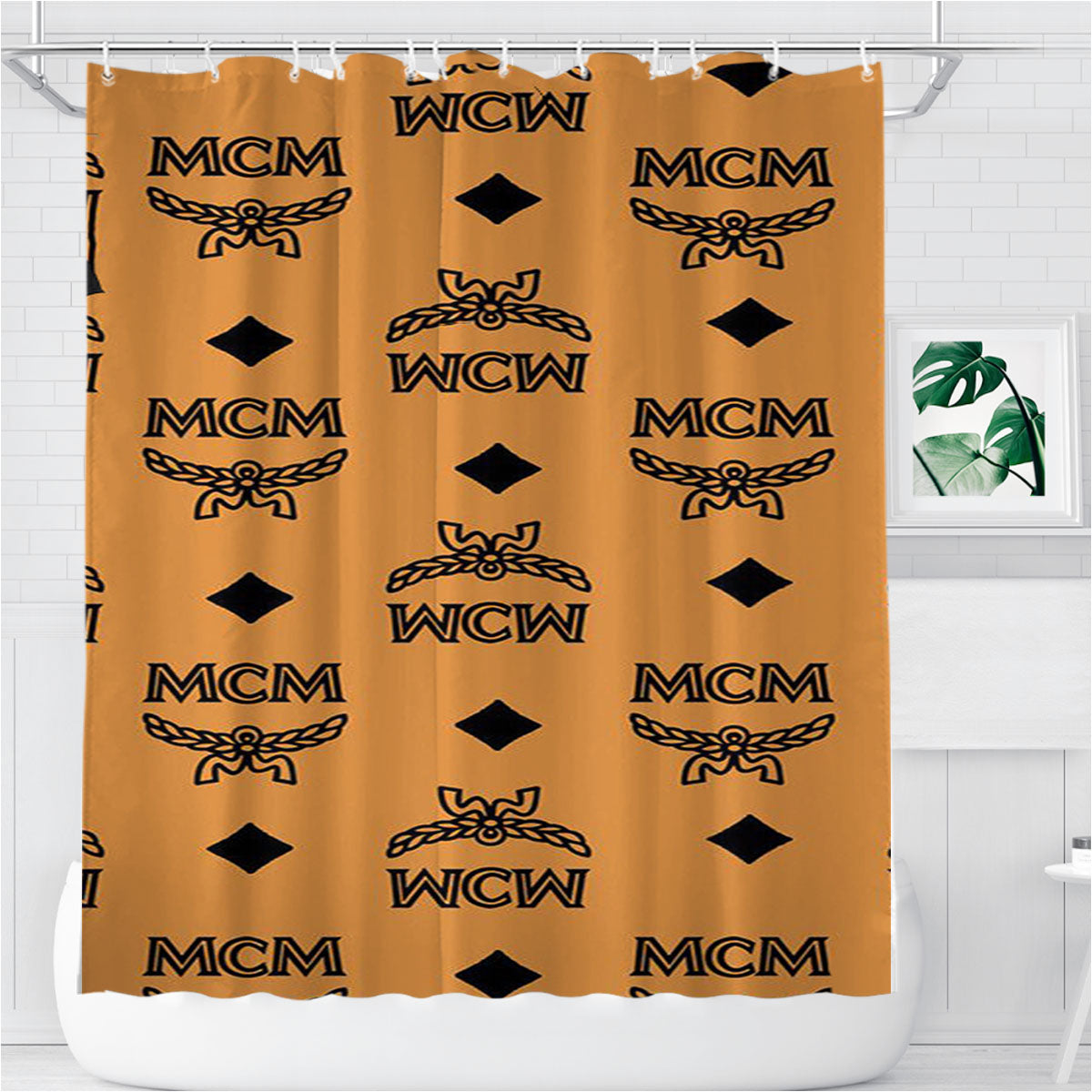 Mcm World Wide Brown Leather Pattern Bathroom Shower Curtain Fabric Waterproof | 66 X 72 Inch
