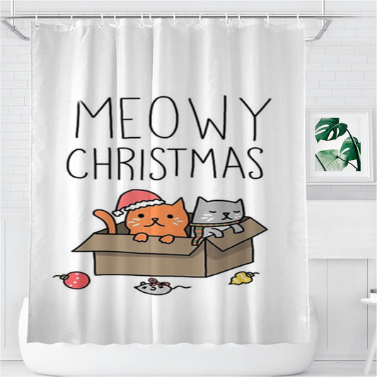 Meowy Christmas Bathroom Shower Curtain Fabric Waterproof