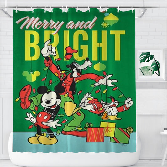 Personalized Merry And Bright Mickey And Pals Shower Curtain Farmhouse Bathroom Decor