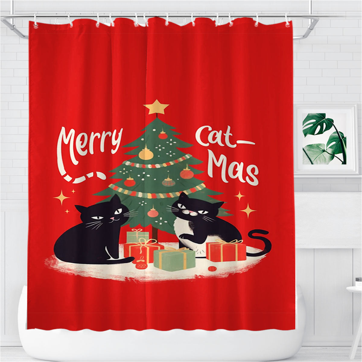 Merry Cat-Mas Funny Cats Christmas Tree Bathroom Shower Curtain Fabric Waterproof | 66 X 72 Inch