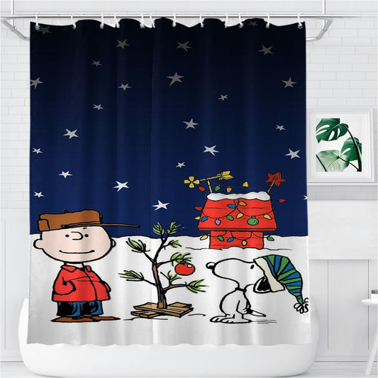 Personalized Merry Christmas Charlie Brown Snoopy Wallpaper Shower Curtain Farmhouse Bathroom Decor