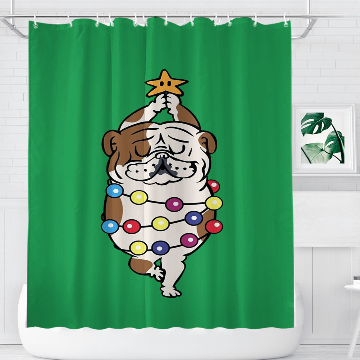 Merry Christmas English Bulldog Bathroom Shower Curtain Fabric Waterproof | 66 X 72 Inch