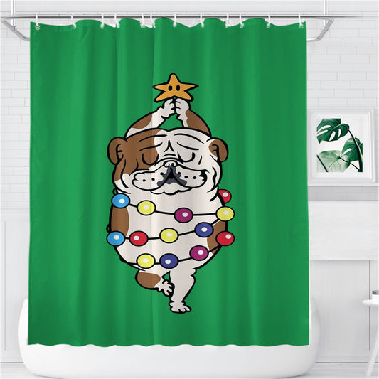 Personalized Merry Christmas English Bulldog Shower Curtain Farmhouse Bathroom Decor