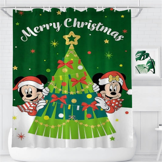 Personalized Merry Christmas Mickey And Minnie Tree Shower Curtain Farmhouse Bathroom Decor