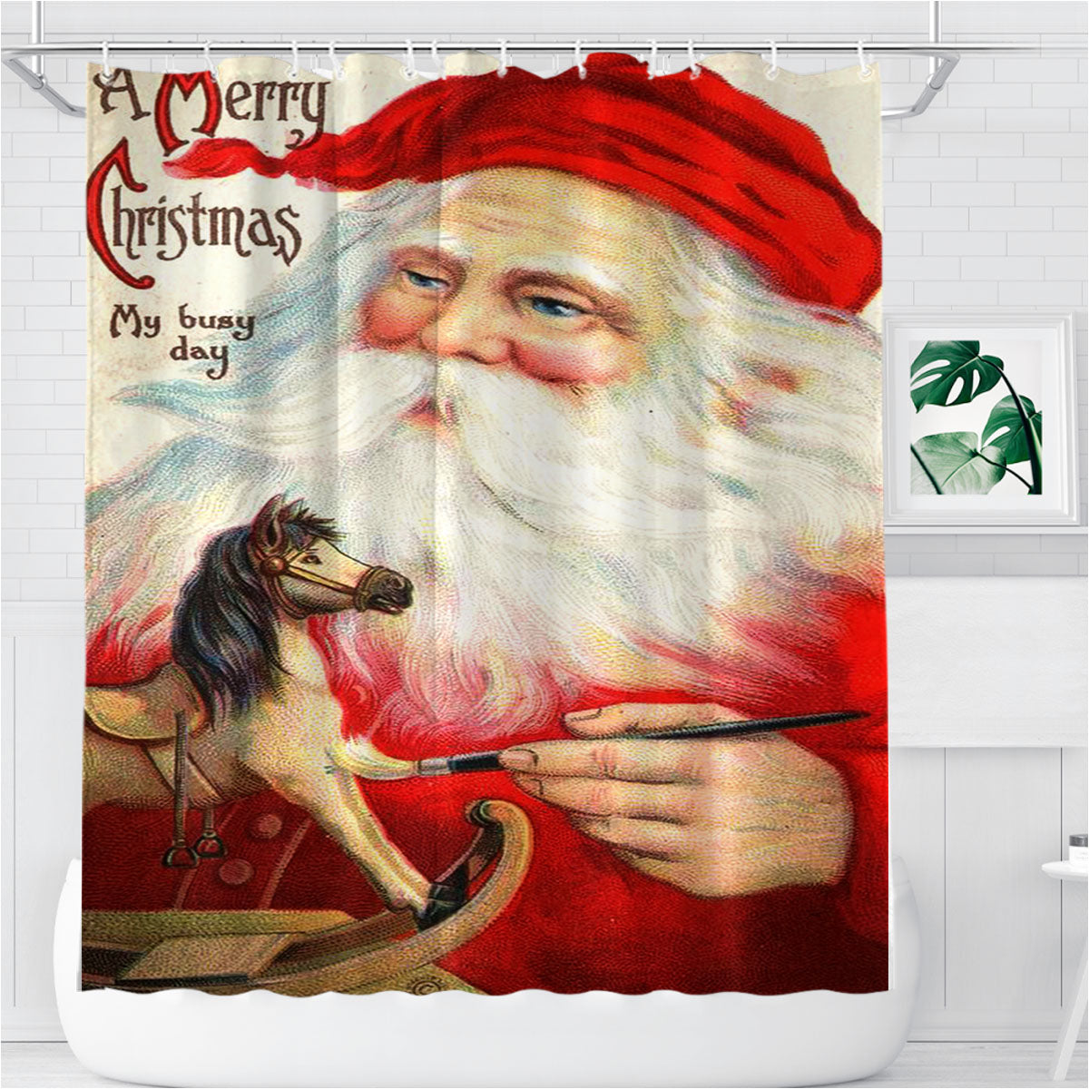 Merry Christmas My Busy Day Bathroom Shower Curtain Fabric Waterproof | 66 X 72 Inch