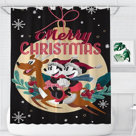 Personalized Merry Christmas Reindeer Mickey And Minnie Shower Curtain Farmhouse Bathroom Decor