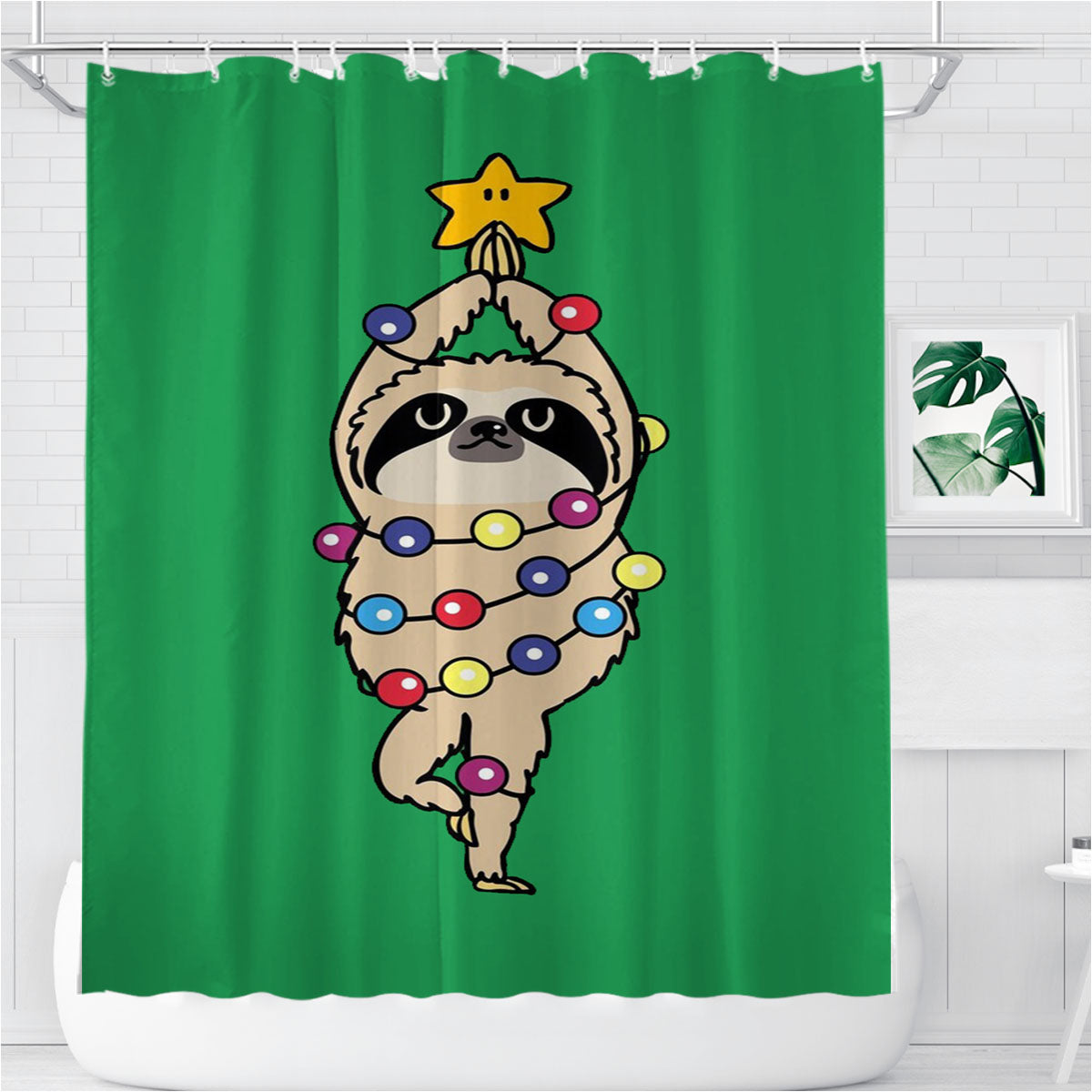 Merry Christmas Sloth Art Bathroom Shower Curtain Fabric Waterproof | 66 X 72 Inch