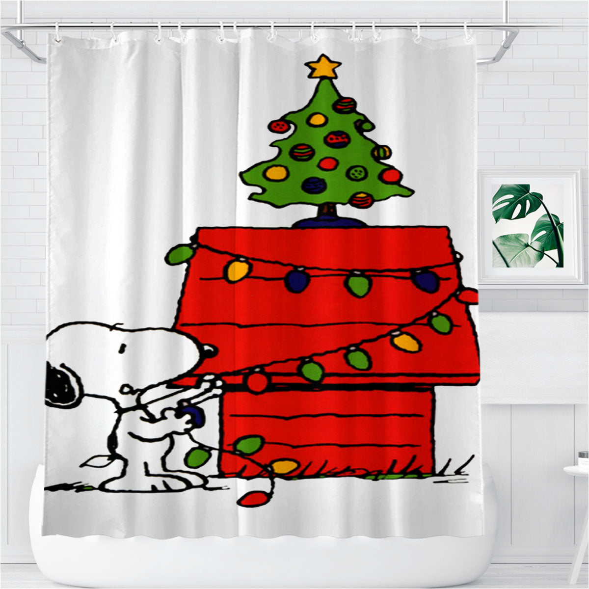 Merry Christmas Snoopy Bathroom Shower Curtain Fabric Waterproof | 66 X 72 Inch