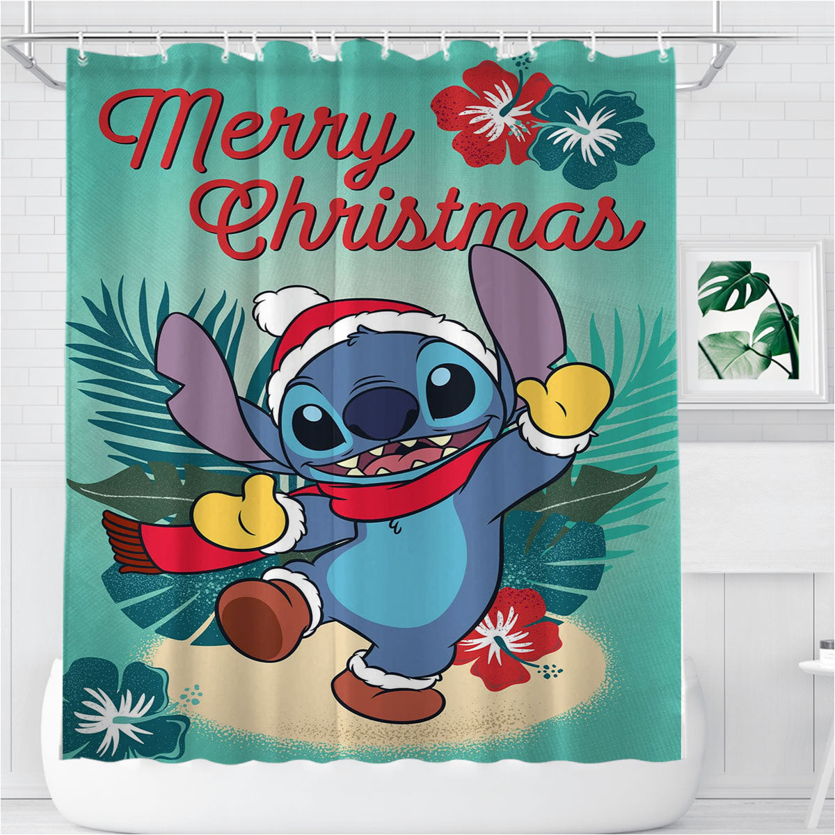 Merry Christmas Stitch Bathroom Shower Curtain Fabric Waterproof | 66 X 72 Inch