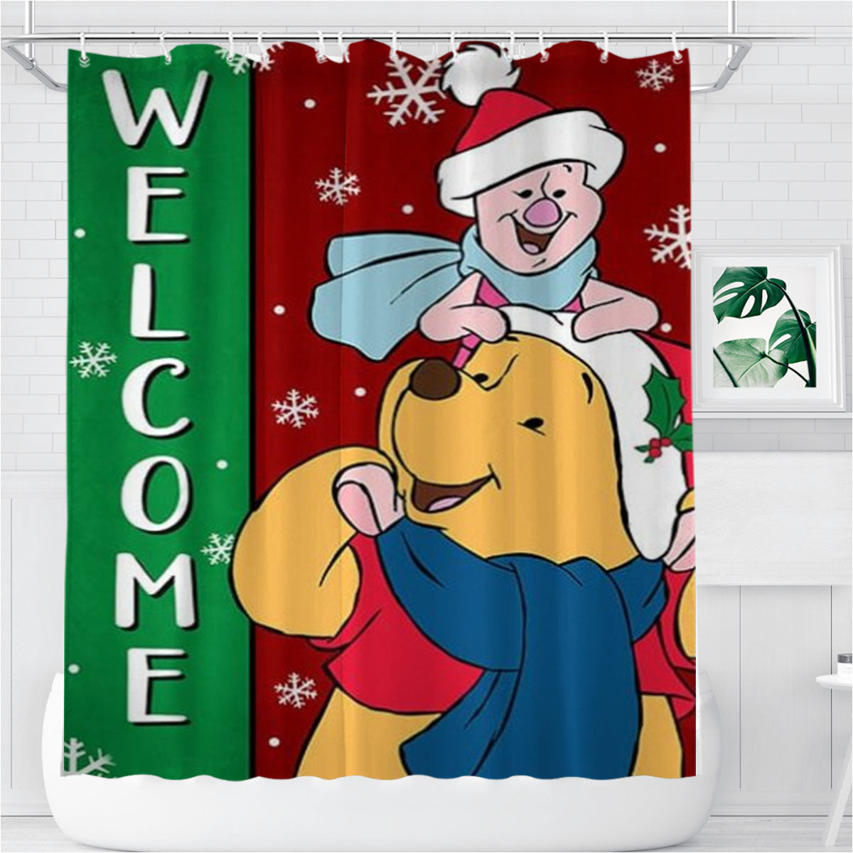 Merry Christmas Winnie The Pooh And Piglet Bathroom Shower Curtain Fabric Waterproof | 66 X 72 Inch