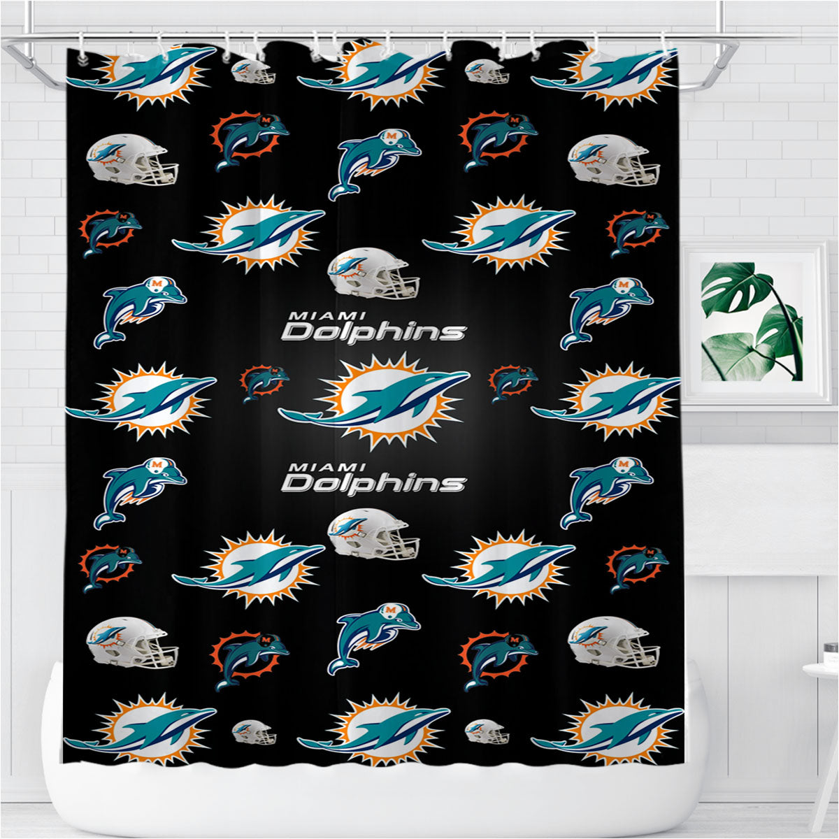 Miami Dolphins Logo Pattern Bathroom Shower Curtain Fabric Waterproof | 66 X 72 Inch