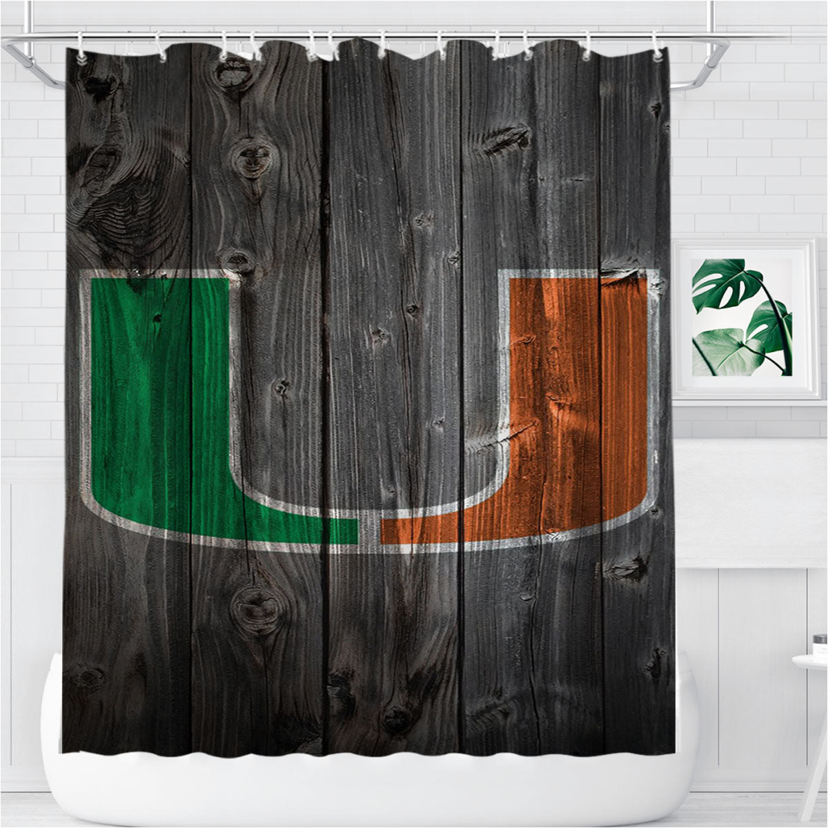 Miami Hurricanes Nfl Logo Dark Wood Wallpaper Bathroom Shower Curtain Fabric Waterproof | 66 X 72 Inch