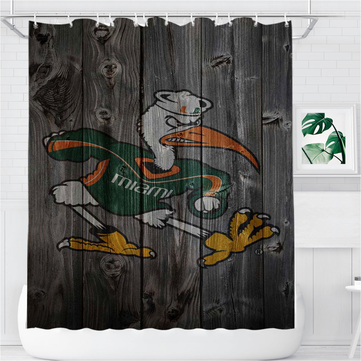 Miami Hurricanes University Logo Dark Wood Wallpaper Bathroom Shower Curtain Fabric Waterproof | 66 X 72 Inch