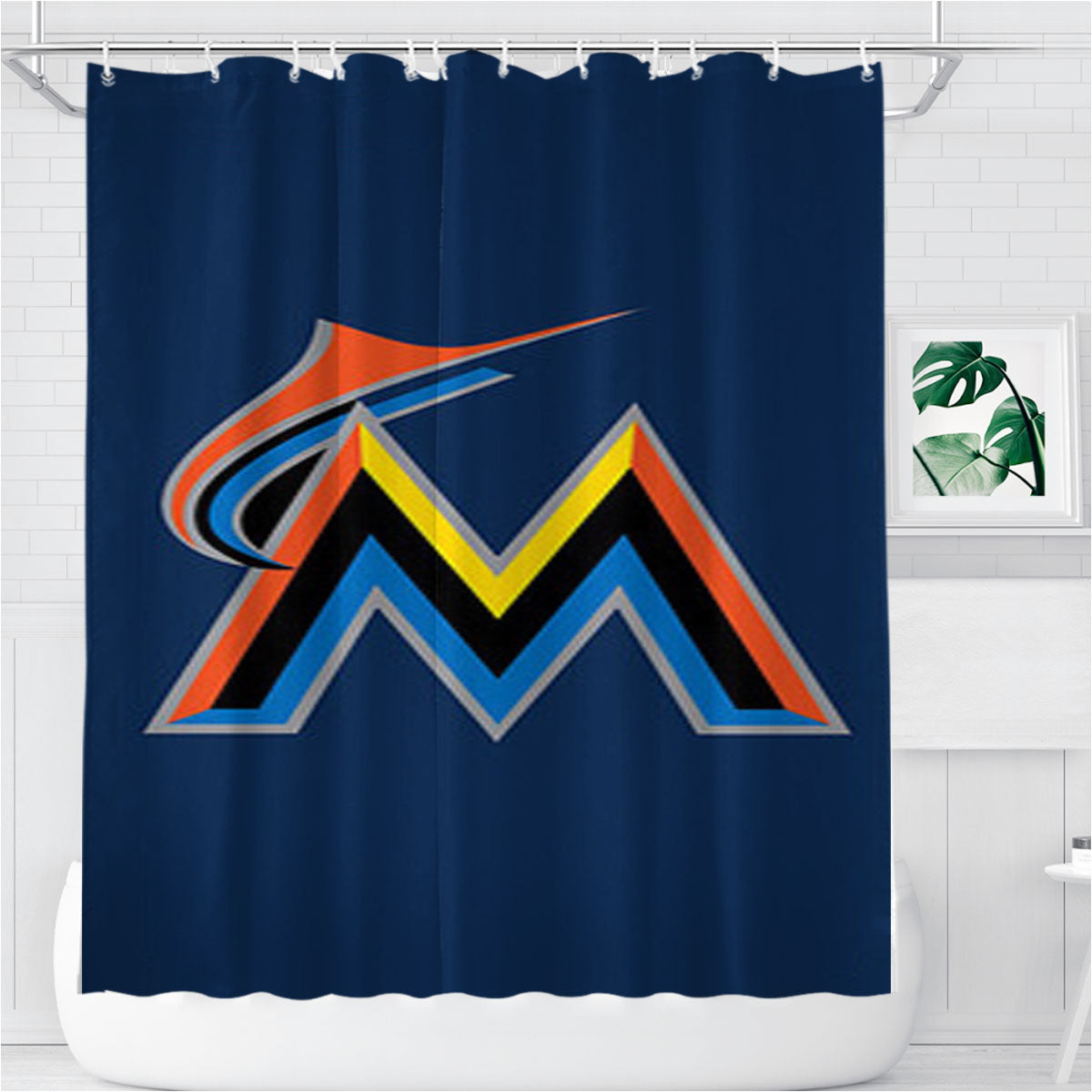 Miami Marlins Baseball Logo Blue Bathroom Shower Curtain Fabric Waterproof | 66 X 72 Inch