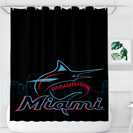 Miami Marlins Baseball Team Emblem Bathroom Shower Curtain Fabric Waterproof | 66 X 72 Inch