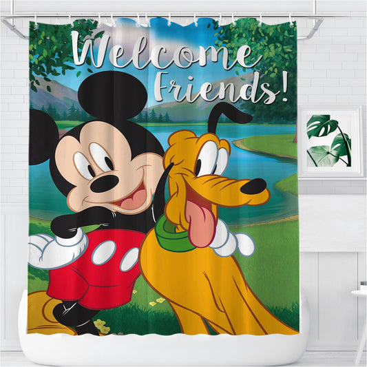Personalized Mickey & Pluto Welcome Friends Shower Curtain Farmhouse Bathroom Decor