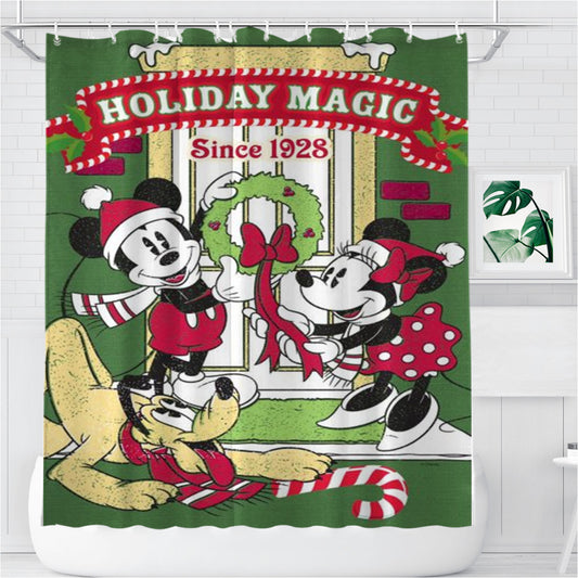 Personalized Mickey, Minnie, Pluto Holiday Magic Shower Curtain Farmhouse Bathroom Decor