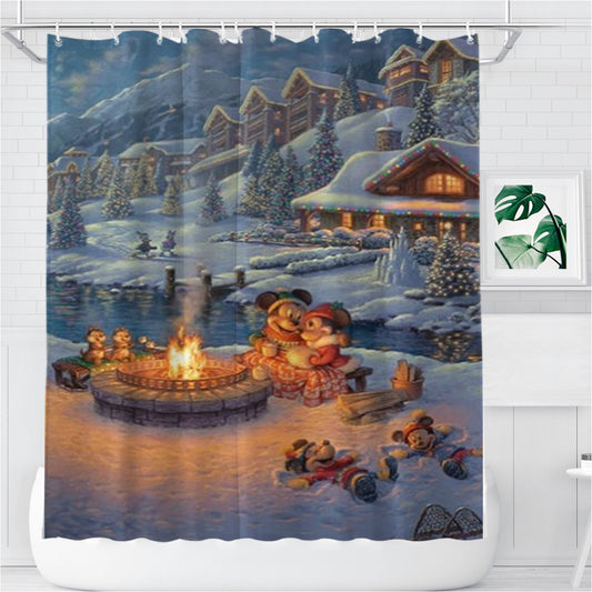 Personalized Mickey And Minnie Christmas Lodge Shower Curtain Farmhouse Bathroom Decor