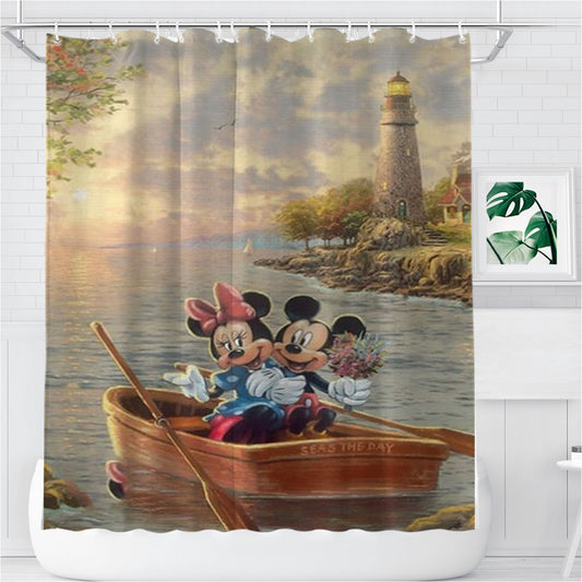 Personalized Mickey And Minnie Lighthouse Cove Shower Curtain Farmhouse Bathroom Decor